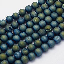 Electroplate Natural Druzy Agate Beads Strands, Dyed, Round, Frosted, Green Plated, 6mm, Hole: 1mm, about 62pcs/strand, 15.7 inch(40cm)