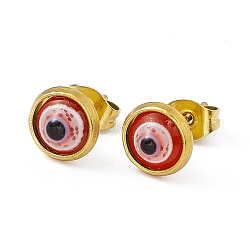 Aretes de resina mal de ojo, joyas de acero inoxidable golden 304 para mujer., rojo, 7.5mm, pin: 0.8 mm