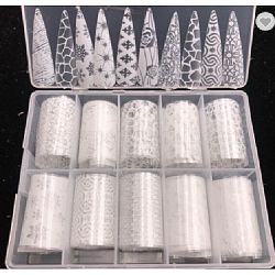 10 rotoli adesivi per il trasferimento di nail art, decalcomanie per unghie, decorazione di punte per unghie fai da te, bianco, Modelli misti, 40mm, 1m/rotolo