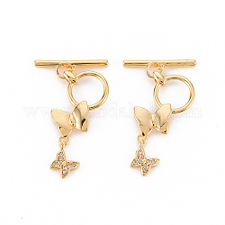 Brass Micro Pave Clear Cubic Zirconia Toggle Clasps, Nickel Free, Butterfly & Bar, Real 18K Gold Plated, Butterfly: 23.5x14.5x3.5mm, Bar: 21x4x2mm, Hole: 1.5mm~1.8mm