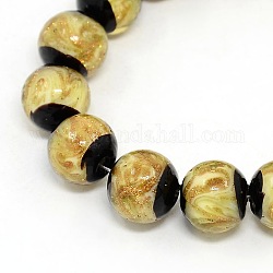 Handmade Gold Sand Lampwork Double Colour Round Beads Strands, Lemon Chiffon and Black, 12mm, Hole: 1mm, about 12pcs/strand, 9.44inch