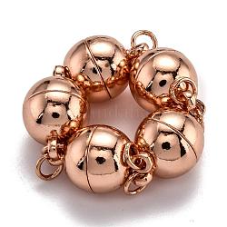 Cierres magnéticos de latón chapado en cremallera con bucles, n45 grado imán fuerte, con anillos de salto soldados, Plateado de larga duración, redondo, Chapado en oro rosa real, 11.5x6mm, agujero: 1.6 mm, anillo: 4x0.5 mm