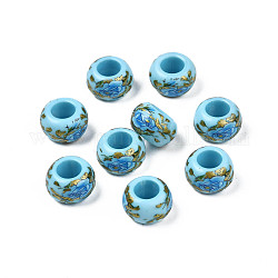 Undurchsichtige Unterlegscheibe-Perlen aus Acryl mit Blumendruck, Großloch perlen, Himmelblau, 15x9 mm, Bohrung: 7 mm