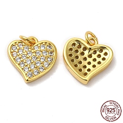 925 Sterling Silver Micro Pave Cubic Zirconia Charms, Asymmetrical Heart Charm, with Jump Ring, Real 18K Gold Plated, 10x10x2mm, Hole: 2.3mm