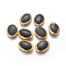 Perle di fossili neri naturali, con i risultati in ottone placcato oro, ovale, 33~35x24~25x7~9mm, Foro: 0.8 mm