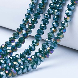 Chapelets de perles en verre électroplaqué, couleur unie opaque, de couleur plaquée ab , facette, rondelle, sarcelle, 8x6mm, Trou: 1mm, Environ 68 pcs/chapelet, 15.5 pouce (38.75 cm)