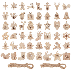 Nbeads 2 set 2 stili calendario dell'avvento natalizio numero numeri in legno decorazioni pendenti, mestiere di natale numero 1-24 in legno, per la decorazione dell'albero di Natale, con corda di iuta, corda: 1 mm, pendenti: 31.5~45x30~43.5x5.5 mm, Foro: 2 mm, 1 set/stile