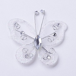 Polyester Schmetterling Dekoration, mit Eisen und Acryl Strass, weiß, 50~56x54~56x5~7 mm