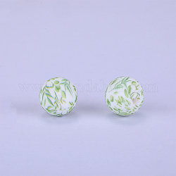 Rond imprimé avec perles focales en silicone à motif de feuilles, blanc, 15x15mm, Trou: 2mm