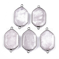Connecteurs de liens en quartz rose naturel, avec les accessoires en laiton de tonalité de platine, polygone facettes, 40.5x23x6mm, Trou: 2mm