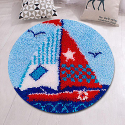 Flat Round Latch Hook Rug Kit, DIY Rug Crochet Yarn Kits, Including Color Printing Screen Section Embroidery Pad, Needle, Acrylic Wool Bundle, Sailboat Pattern, 450x1.5mm