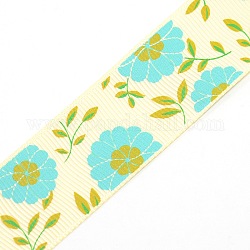 Flower Pattern Printed Polyester Grosgrain Ribbon, for Festival Decoration, Lemon Chiffon, 1 inch(25mm), about 100yards/roll(91.44m/roll)