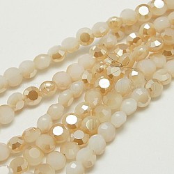 Electroplate Glass Beads Strands, Half Plated, Imitation Jade, Faceted Flat Round, Beige, about 6mm in diameter, 4mmm thick, hole: 1mm