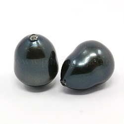 Grade A Shell Pearl Beads, Half Drilled Hole, Oval, Black, 15x12mm, Hole: 1mm