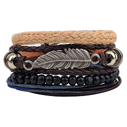 Bracelets de multi-brins, bracelets empilables, de simili cuir, Cordon en coton ciré, perle en bois et corde de chanvre, feuille, argent antique, brun coco, 60 mm (2-3/8 pouces), 4strands / set