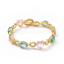 Colorful Cubic Zirconia Heart & Rectangle & Teardrop Link Chain Bracelet, Brass Jewelry for Women, Golden, 7-3/4 inch(19.8cm)