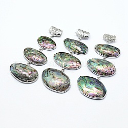 Coquille d'ormeau laiton ovales gros pendentifs, avec des perles bélière foulard , non teint, 71~92x30~35x8.5mm, Trou: 4x6mm