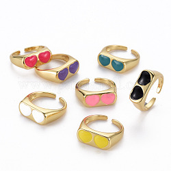 Brass Enamel Cuff Rings, Open Rings, Nickel Free, Glasses, Real 16K Gold Plated, Mixed Color, US Size 7 1/4(17.5mm)
