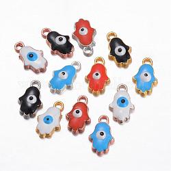 Alloy Enamel Charms, Hamsa Hand/Hand of Fatima/Hand of Miriam with Evil Eye, Mixed Color, 12.5x7.5x3mm, Hole: 1mm