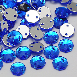Cose en el rhinestone, taiwan rhinestone de acrílico, dos agujeros, accesorios de prendas de vestir, facetas octágono, azul, 18x17x4.5mm, agujero: 1 mm