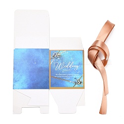 Square Fold Paper Candy Boxes, with Ribbon & Word, for Bakery and Baby Shower Gift Packaging, Royal Blue, Finished Product: 8x8x9cm