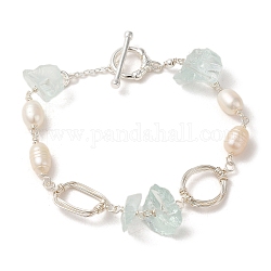 Bracelet à maillons rectangulaires enveloppés de fil de laiton, avec des perles naturelles et des éclats de cristal de quartz perlés, couleur d'argent, 7-1/8 pouce (18 cm)