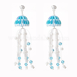 Graine de verre et pierre de lune synthétique perlée long pompon boucles d'oreilles pendantes avec perle de coquille pour les femmes, bleu profond du ciel, 75mm, pin: 0.8 mm