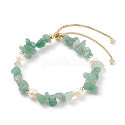 Pulsera con perlas y chips de aventurina verde natural, joyas de piedras preciosas para mujeres, dorado, diámetro interior: 2-1/8~3-1/4 pulgada (5.4~8.4 cm)