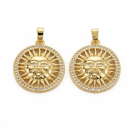 Brass Micro Pave Cubic Zirconia Pendants, Nickel Free, Flat Round with Sun, Real 16K Gold Plated, 23.5x21x4mm, Hole: 2.5x5mm
