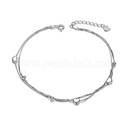 Bracelet de cheville à 925 couches en argent sterling plaqué rhodium shegrace, des coeurs et des petites perles, platine, 2mm