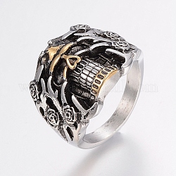 304 anelli in acciaio inox, teschio con fiore, argento antico e oro antico, 18~22mm