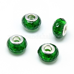 Abalorios de resina europea, Abalorios de grande agujero, Con núcleos de latón plateado color plata, facetados, rerondana plana, Abalorios de grande agujero, verde, 13.5~14.5x9mm, agujero: 5 mm