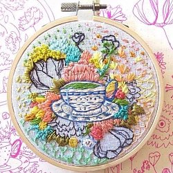 DIY Flower & Cup Pattern Embroidery Starter Kit, Cross Stitch Kit Including Imitation Bamboo Frame, Carbon Steel Pins, Cloth and Colorful Threads, Colorful, 177x164x8.5mm, Inner Diameter: 144mm