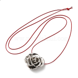 Collana con pendente a forma di fiore rosa in lega di zinco con cordoncini in pelle, platino, 56.69~57.09 pollice (144~145 cm)