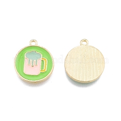 Alloy Enamel Pendants, Flat Round with Cup, Light Gold, Lawn Green, 18.5x13x1.5mm, Hole: 1.5mm