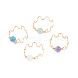 Edelstein runder Perlen-Fingerring, Kupferdraht umwickelter Wellenring für Frauen, golden, uns Größe 9 (18.9mm)