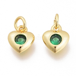 Ottone micro spianare fascino zirconi, con anello di salto, cuore, oro, verde, 7.5x6.5x2.5mm, Foro: 1.5 mm, anelli di salto: 3.5x0.8 mm