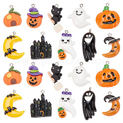 Sunnyclue 20pcs 10 styles pendentifs en résine opaque halloween, avec boucles en fer couleur platine, fantôme & citrouille & château, formes mixtes, couleur mixte, 24~35.5x14.5~26x5~8.5mm, Trou: 2mm, 2 pièces / style