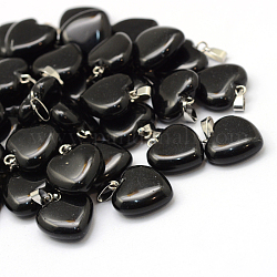 Сердце натуральный черный камень подвески, с латунной фурнитурой платинового цвета, 17~19x15~16x5~8 мм, отверстие : 2x7 мм