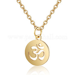 201 Stainless Steel Pendants Necklaces, Flat Round with Om Symbol, Golden, 16.3 inch(40cm)x1mm