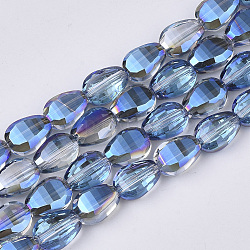 Translucent Electroplate Glass Beads Strands, Half Plated, Faceted, Teardrop, Dodger Blue, 8.5x6x3.5mm, Hole: 1mm, about 80pcs/Strand, 26.38 inch(67cm)