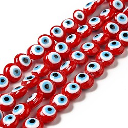 Fatti a mano in vetro murano male occhio fili di perline, rotondo e piatto, rosso, 12.5x7.5mm, Foro: 1.6 mm, circa 33pcs/filo, 15.12'' (38.4 cm)