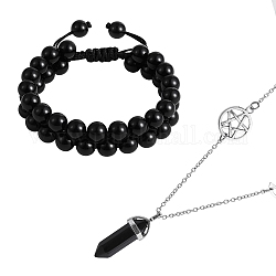 Halskette mit Kugelanhänger aus natürlichem Obsidian und rundes geflochtenes Perlenarmband, Edelsteinschmuckset mit 304 Edelstahlkette für Damen, 18-1/4 Zoll (46.5 cm), 2-1/8~3 Zoll (5.4~7.6 cm)