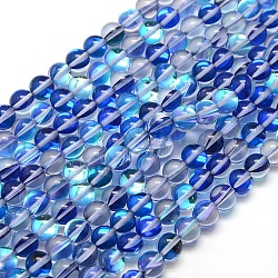 Chapelets de perles en pierre de lune synthétique, teinte, perles holographiques, demi couleur ab plaqué, ronde, bleu royal, 10mm, Trou: 1mm, Environ 40 pcs/chapelet, 15 pouce