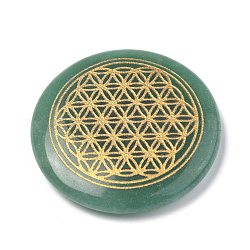 Cabochon avventurina verde naturale a tema chakra, piatta e rotonda con il fiore della vita, 35x6~7mm