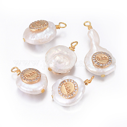 Pendentifs de perles d'eau douce de culture naturelle, pendentifs à message inspirant, avec accessoires zircon cubique micro pave en laiton, pépites avec rond plat, avec le mot foi, or, clair, 17~26x11~16x5~11mm, Trou: 1.6~2mm