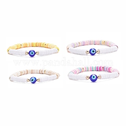 4pcs ensemble de bracelets extensibles heishi surfeur en argile polymère faits à la main, Lampwork mauvais œil rond perles preppy bracelet femmes, jaune, diamètre intérieur: 2-1/4 pouce (5.6 cm)