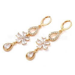 Boucles d'oreilles dormeuses pendantes en laiton doré à placage en crémaillère, avec zircons, fleur, clair, 57x14mm
