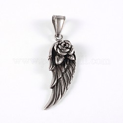 316 Surgical Stainless Steel Pendants, Wing with Rose, Antique Silver, 38x14x7mm, Hole: 8x4mm