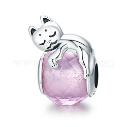 925 Sterling Silver Lampwork European Beads, Large Hole Beads, Flat Round with Cat, Pink, Platinum